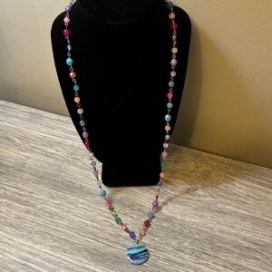 Colorful Ocean Prism Beaded Necklace with Blue Pendant